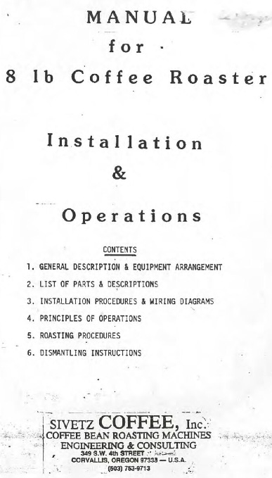 8lb Sivetz Roaster Manual Front Page